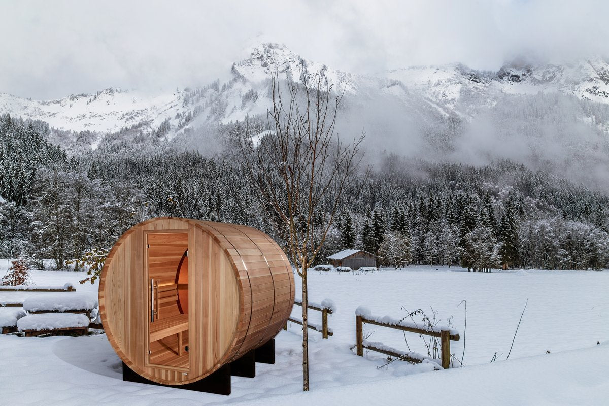 Golden Designs "Zurich" 4 Person Barrel Sauna with Bronze Privacy View - Pacific Cedar