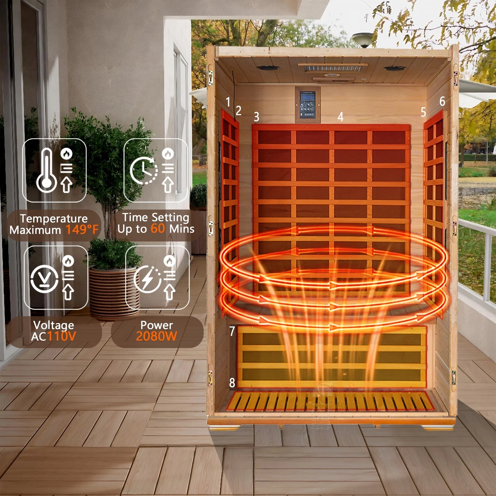 Outdoor 2 Person Saunas Far Infrared Sauna with Reading Light, 2000W Red Cedar Low EMF Dry Sauna for Garden & Courtyard, Includes Oxygen Bar, Cup Holders & Bluetooth Speakers