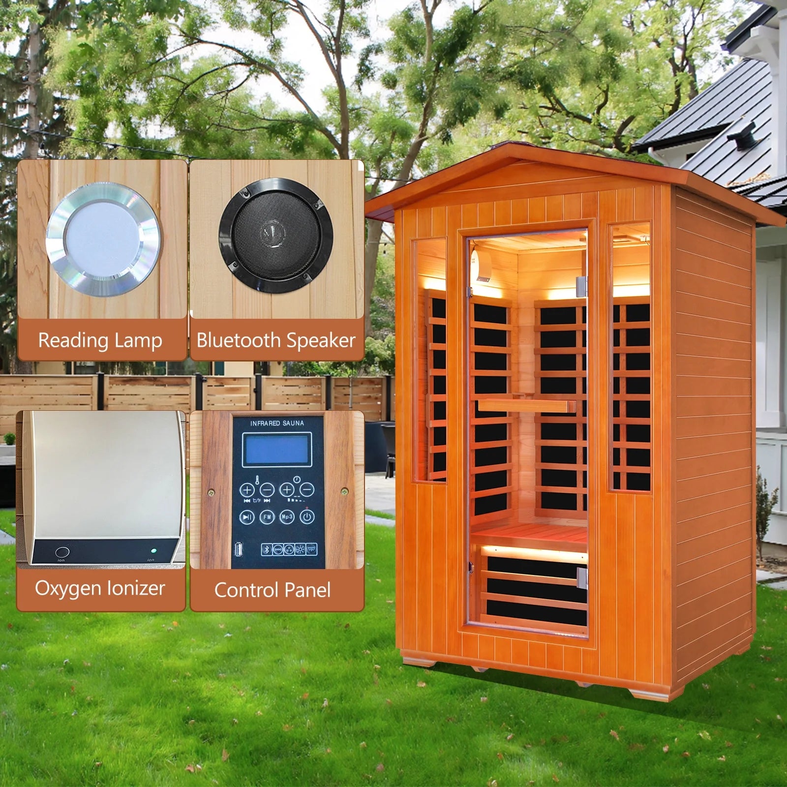 Outdoor 2 Person Saunas Far Infrared Sauna with Reading Light, 2000W Red Cedar Low EMF Dry Sauna for Garden & Courtyard, Includes Oxygen Bar, Cup Holders & Bluetooth Speakers