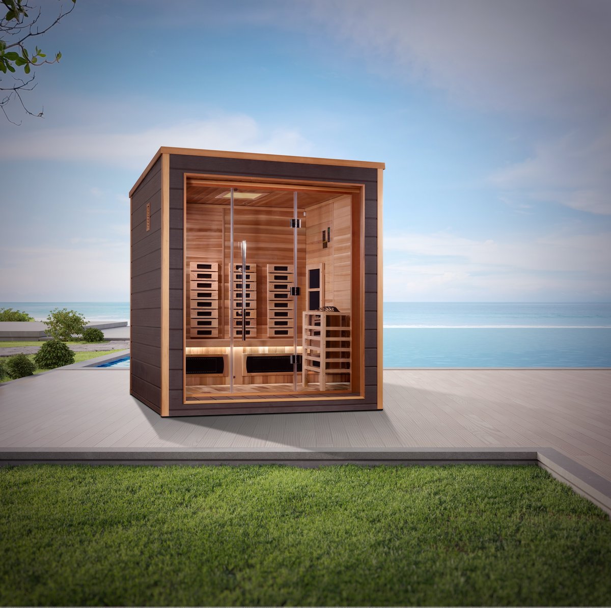 Golden Designs Visby 3 Person Hybrid Outdoor Sauna - Full Spectrum IR or Traditional Stove