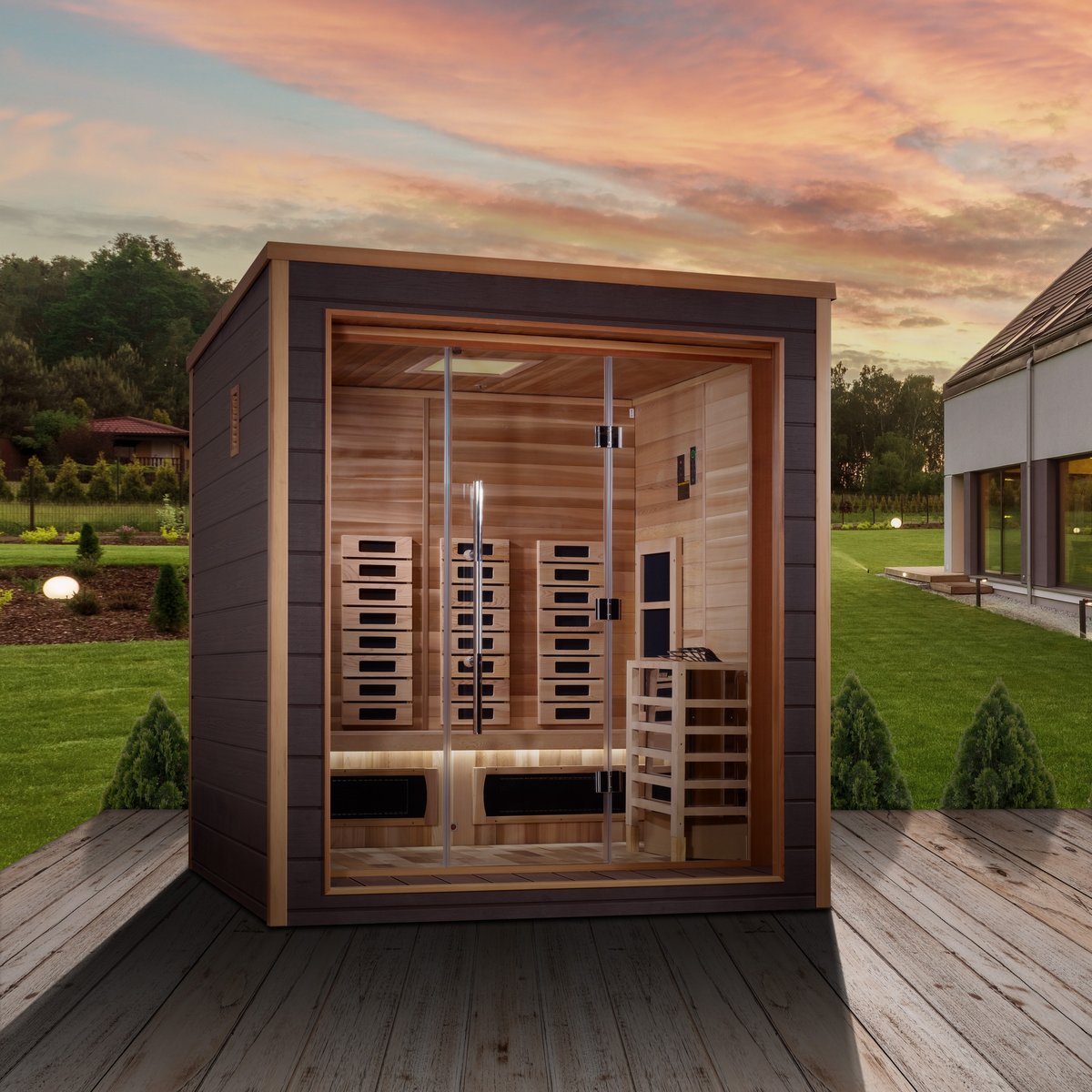 Golden Designs Visby 3 Person Hybrid Outdoor Sauna - Full Spectrum IR or Traditional Stove