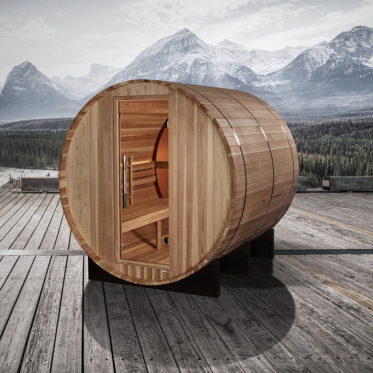Golden Designs "Zurich" 4 Person Barrel Sauna with Bronze Privacy View - Pacific Cedar