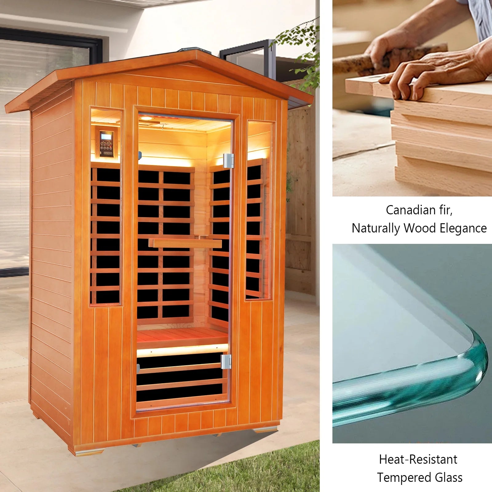 Outdoor 2 Person Saunas Far Infrared Sauna with Reading Light, 2000W Red Cedar Low EMF Dry Sauna for Garden & Courtyard, Includes Oxygen Bar, Cup Holders & Bluetooth Speakers