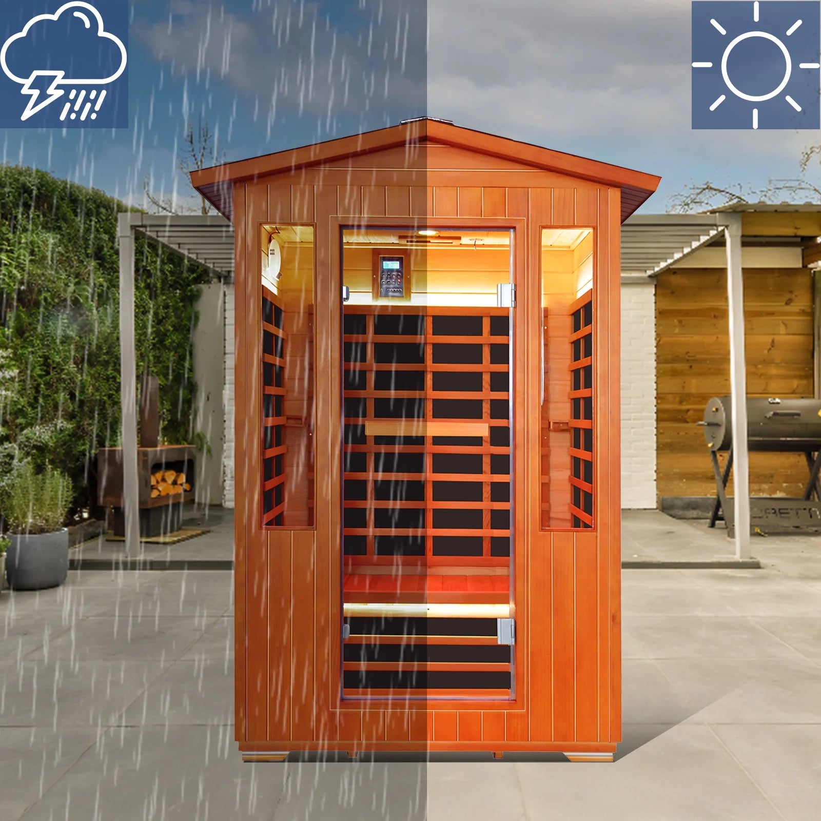 Outdoor 2 Person Saunas Far Infrared Sauna with Reading Light, 2000W Red Cedar Low EMF Dry Sauna for Garden & Courtyard, Includes Oxygen Bar, Cup Holders & Bluetooth Speakers