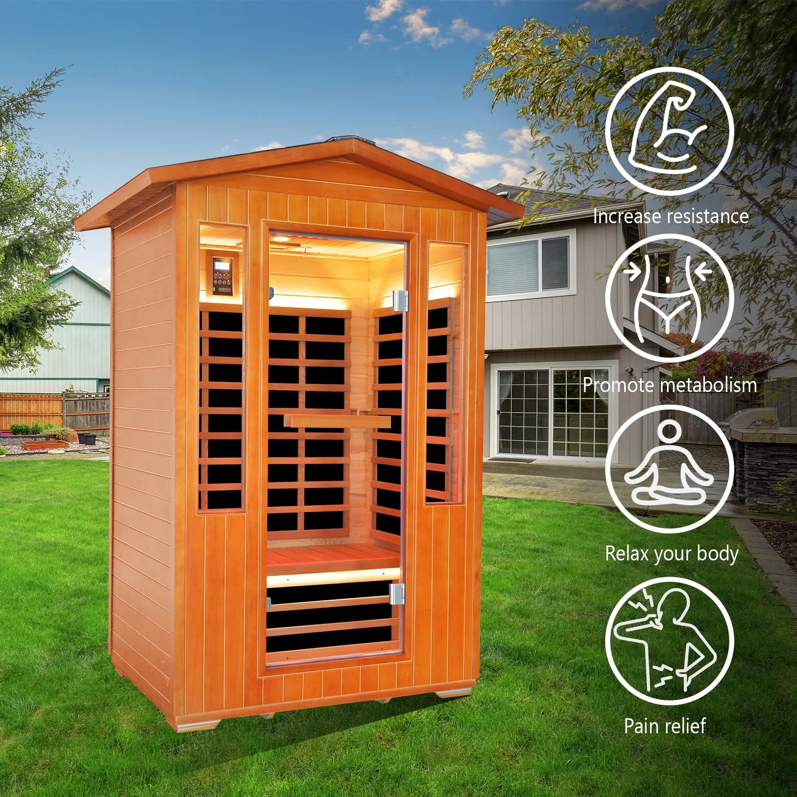 Outdoor 2 Person Saunas Far Infrared Sauna with Reading Light, 2000W Red Cedar Low EMF Dry Sauna for Garden & Courtyard, Includes Oxygen Bar, Cup Holders & Bluetooth Speakers